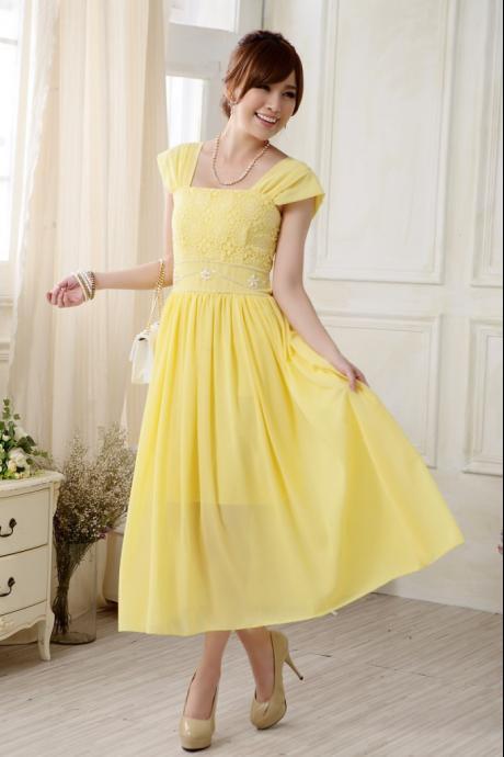 Top Selling Evening Dress Sleeveless Chiffon Wedding Bridesmaid Dress - Yellow