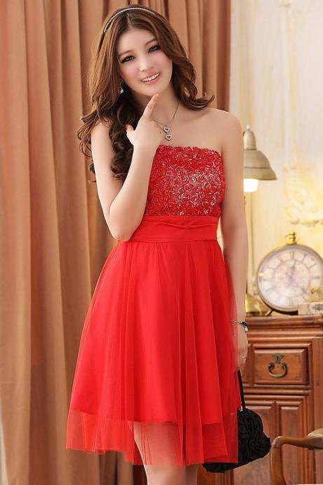 Fashion Rose Pattern Sleeveless Red Evening Dress Wedding Bridesmaid Dress