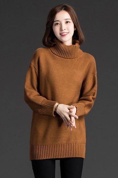 Women Fashion Turtleneck Sweater Women Shirt - Brown