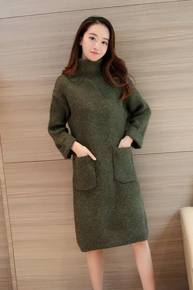 New High Neck Pocket Long Sleeve Knit Sweater - Amy Green