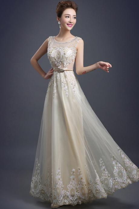 Tulle Lace Evening Dress Long Beading Formal gown Prom Embroidery Bride Dresses - Beige