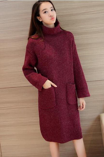 High Neck Pocket Long Sleeve Knit Sweater - Wine Red