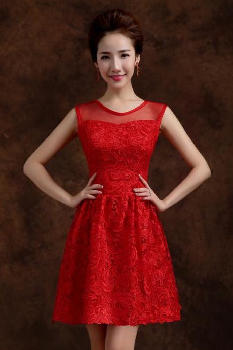 Red Elegant Solid Lace Sleeveless A Line Party Short Dress