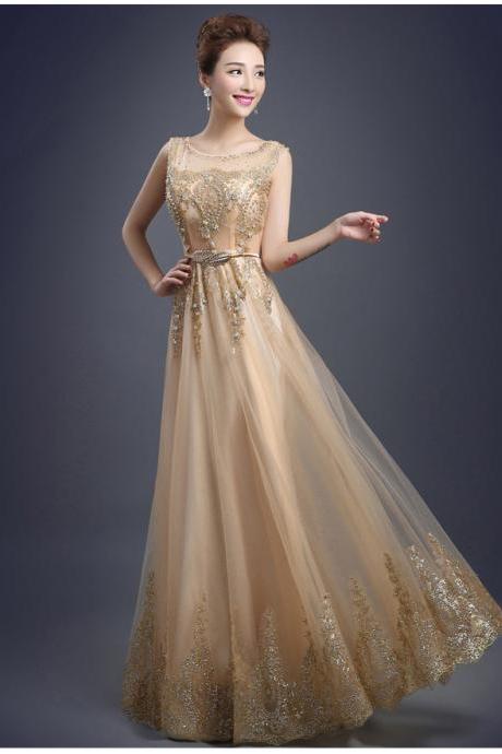 Tulle Lace Evening Dress Long Beading Formal gown Prom Embroidery Bride Dresses - Gold