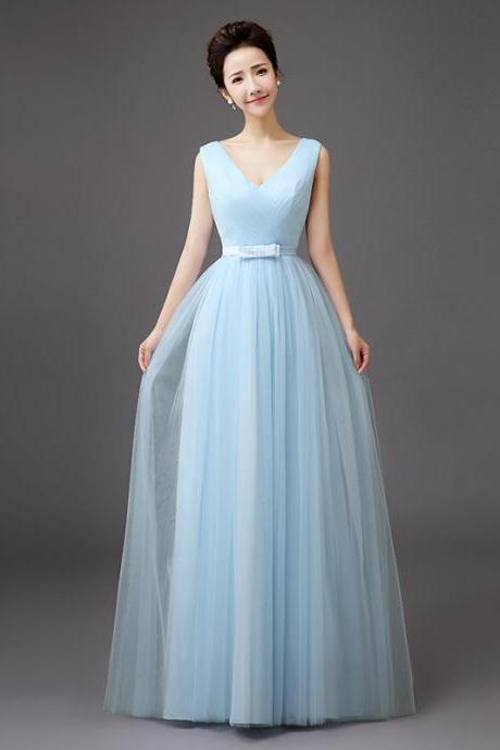 Women Fashion Vest Style Light Blue Dress Bridesmaid Prom Evening Long Dress