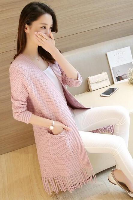 Fashion Ladies Sweet Solid Color Tassel Long Coat Female Spring Autumn Tassel Knit Female Loose Casual Cardigan Sweater - Pink