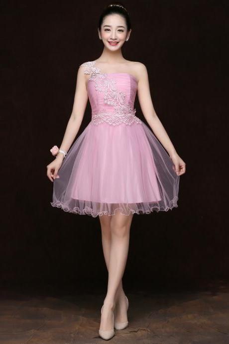 Fashion Women One Shoulder Mini Evening Party Prom Bridesmaid Wedding Dress - Pink