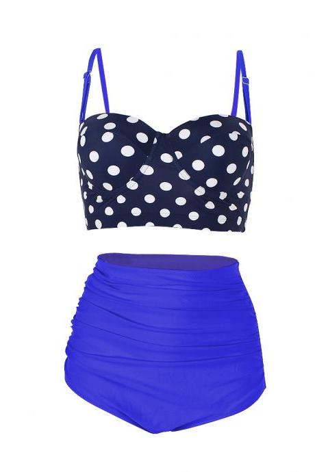 High Waisted Polka Dot Bikini Swimsuit Swimwear - Blue