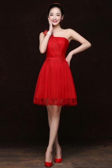 Fashion Women One Shoulder Mini Evening Party Prom Bridesmaid Wedding Dress - Red