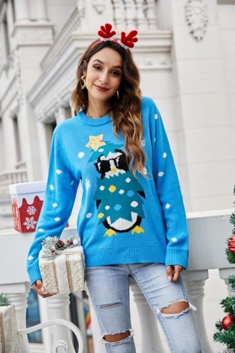 Women's Round Neck Long Sleeve Christmas Sweater - Blue