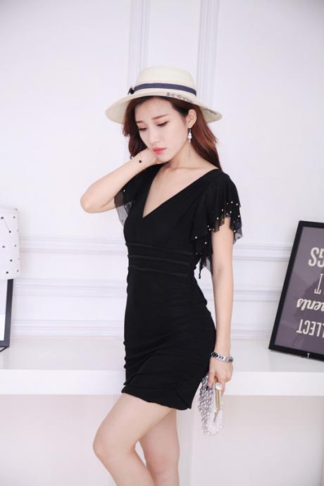 Free Shipping Sexy Charming V collar Mini Dress For Lady - Black