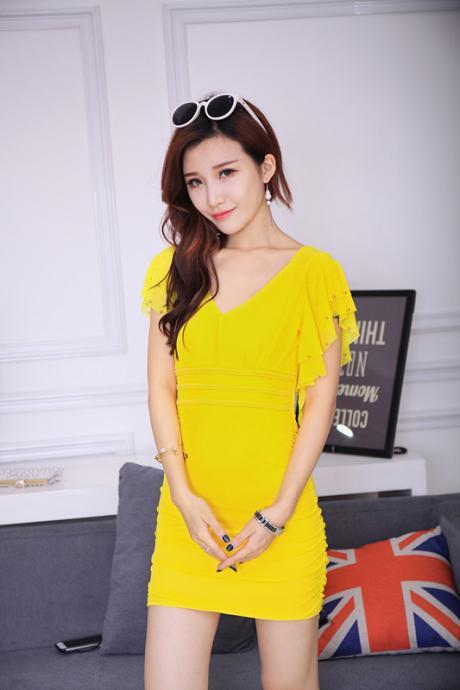 Free Shipping Sexy Charming V collar Mini Dress For Lady - Yellow