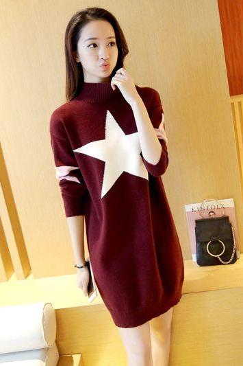 New Women star Printing Long Sweater Dress - Wine Red
