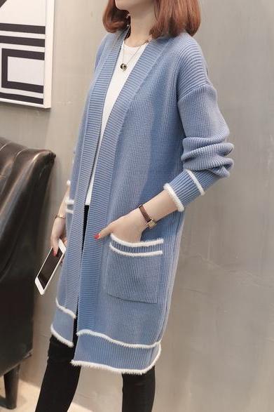 Women Fashion Loose Long Sleeve Knitted Sweater Streetwear Tops Cardigan Outwear Coat - Light Blue