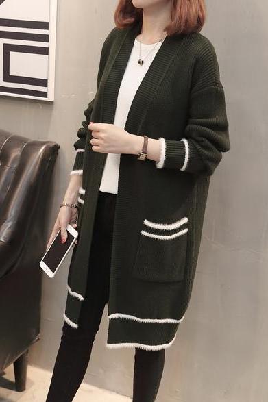 Women Fashion Loose Long Sleeve Knitted Sweater Streetwear Tops Cardigan Outwear Coat - Amy Green