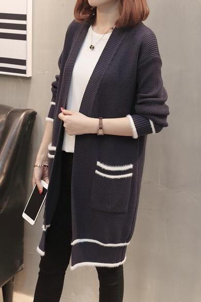 Women Fashion Loose Long Sleeve Knitted Sweater Streetwear Tops Cardigan Outwear Coat - Navy Blue