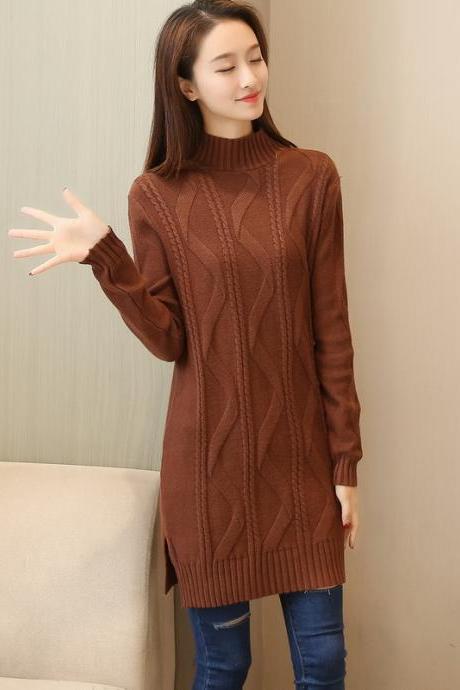 New Solid Warm Oversize Long Sleeve Casual Knitted Sweater - Brown