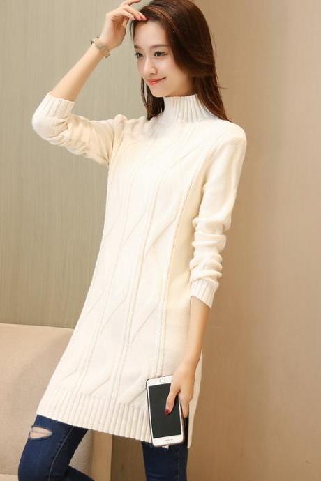 Solid Warm Oversize Long Sleeve Casual Knitted Sweater - White