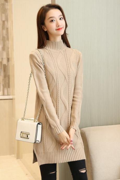 New Solid Warm Oversize Long Sleeve Casual Knitted Sweater - Khaki