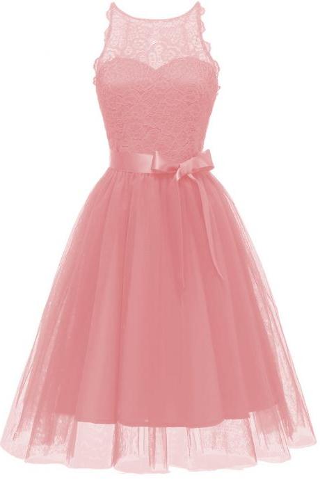 Princess Style A Line Halter Neck Sleeveless Hollow Lace Floral Bridesmaid Wedding Dress - Pink