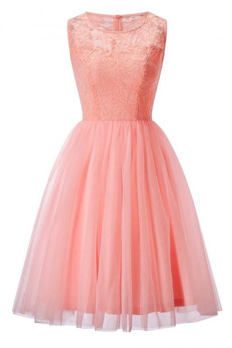 New O Neck Sleeveless Lace Dress - Pink
