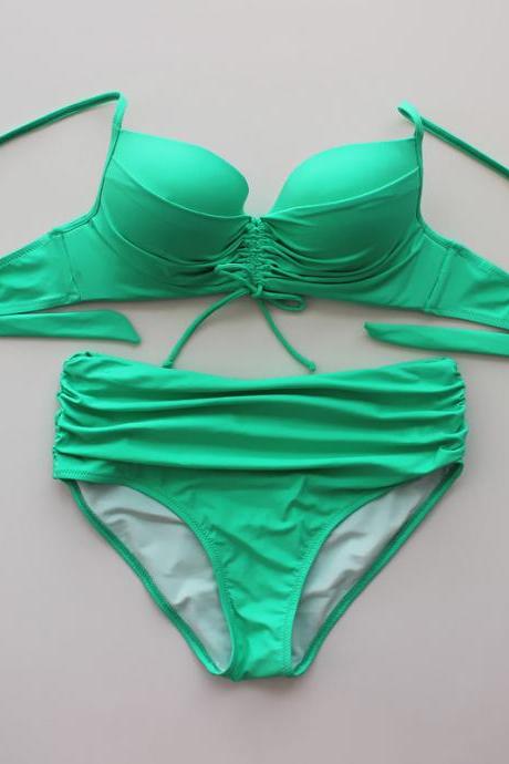 Solid Color Bikini Swimsuit Sexy High-Waisted Bikini - Green
