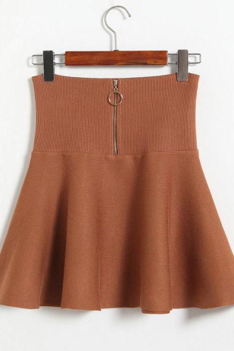 Women Fashion High Waist A-line Slim Fit Knit Skirt - Khaki
