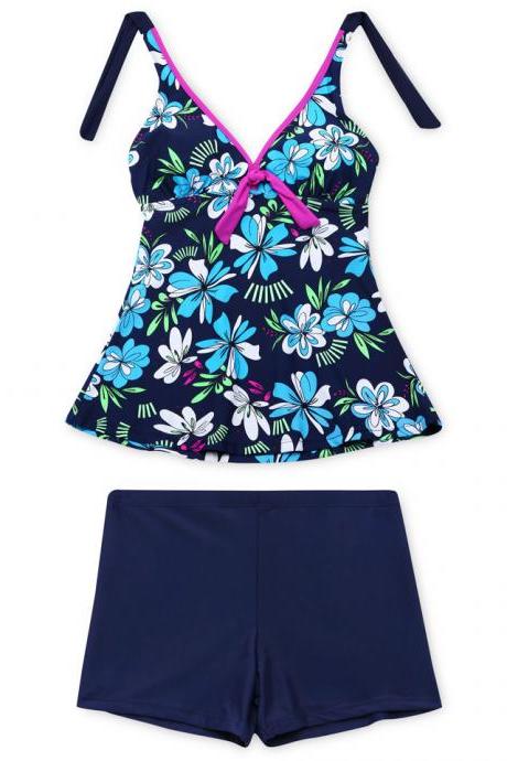 New V Neck Halter Print Swimsuit Set - Navy Blue