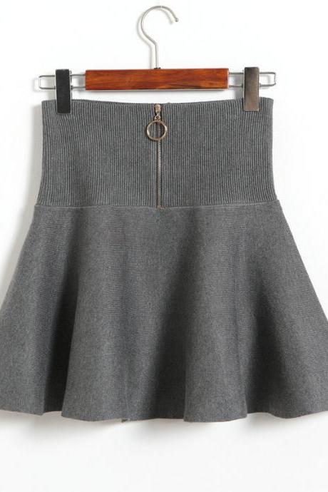 Women Fashion High Waist A-line Slim Fit Knit Skirt - Grey