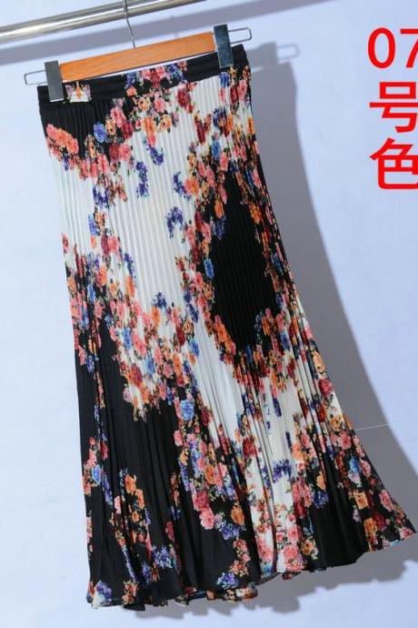 Summer Chiffon Print Pleated Long Skirt