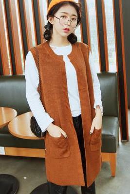 Long Knit Cardigan Sweater Vest Sleeveless Loose Coat