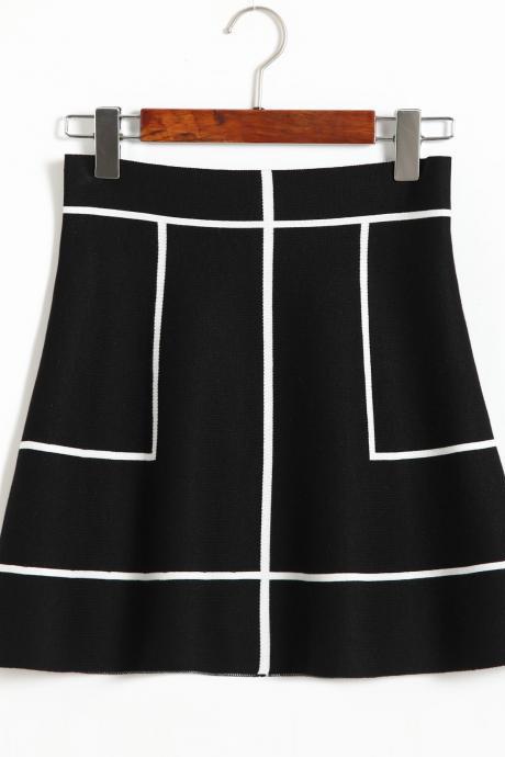 New Sweet A-line Knit Thin Skirt - Black & White