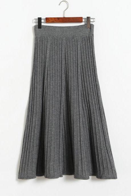 Autumn Winter Long Knitted Skirts Women Solid Color High Waist Casual Warm A-line Skirt - Grey