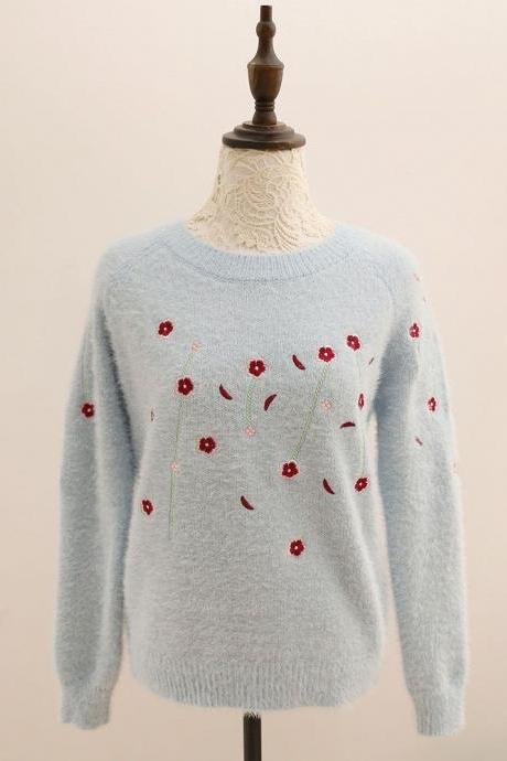 New Women Flower Knitting Warm Casual Pullover Sweater - Light Blue