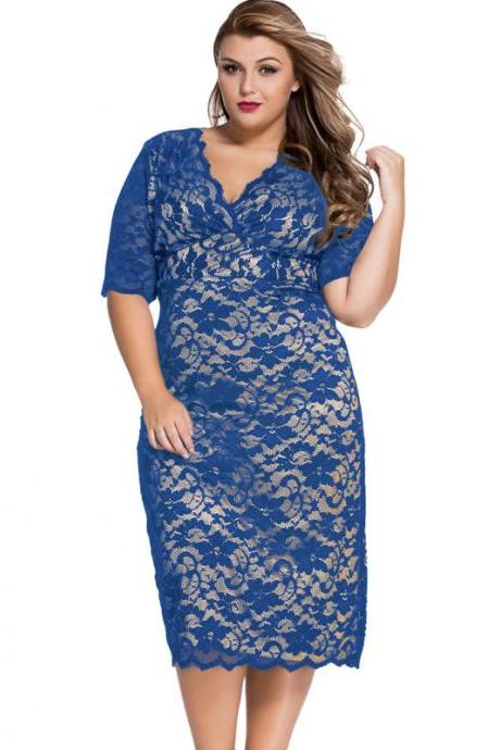 Big Size Autumn Lace Hollow V Collar Dress - Blue