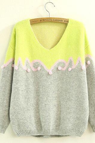 Autumn candy color Loose V-Collar Long Sleeve Pullovers Sweater
