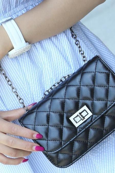 Good Quality Women Leather Handbag Shoulder Bag Black Plaid Small Bags PU Mini Bag