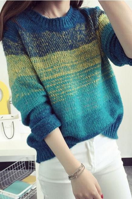 Fashion Winter Gradient color Long Sleeve Loose Sweater