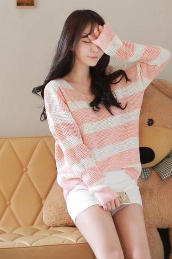Women Loose Autumn Sweet Stripe Sweater