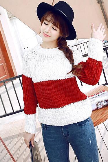 Women stripe knit pullover Sweater shirt