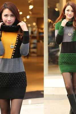 Nice Women Turtle Neck Slim Knitted Sweater Dress