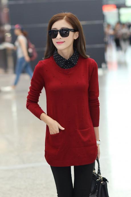 Fashion Women Turn-down Collar Slim Shirt Sweater