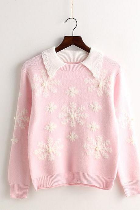 Cute Snow Pattern Women Round Neck Long Sleeve Pullovers Sweaters
