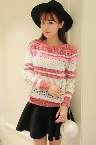 Sweet Woman Stripe Knit Hollow Sweater 