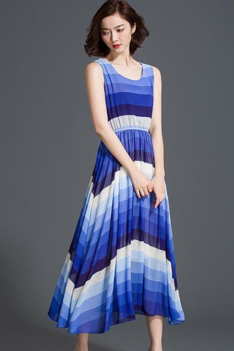 Good Quality Bohemia Summer Chiffon Striped Long Beach Dress - Blue