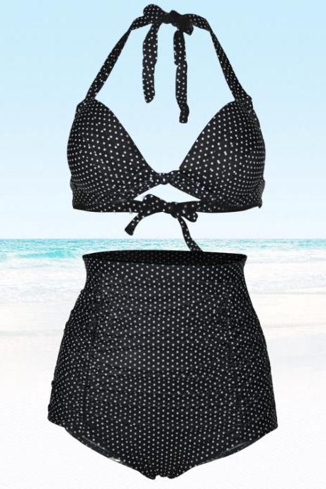Women Retro Dot Black High Waist Swimsuit Swimwear Bikini
