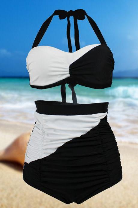 Women Retro Black And White High Waist Swimsuit Swimwear Bikini