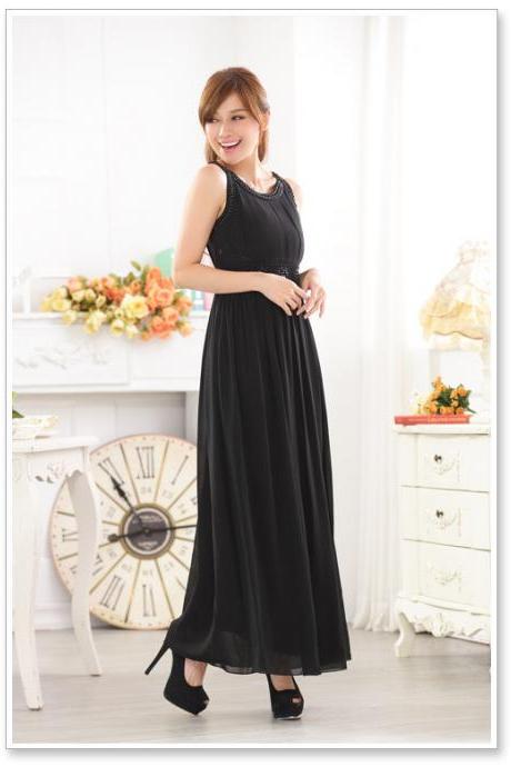 Elegant Long Girls Nail Bead Black Color Evening Dress