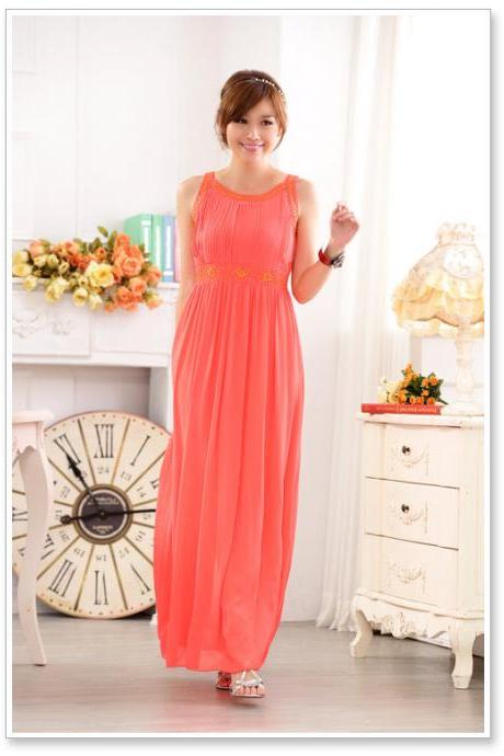 Elegant Long Girls Nail Bead Orange Color Evening Dress