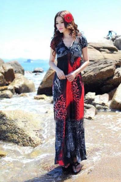 Leopard Print Bohemian Short Sleeve Women Causal Beach Summer Long Dress - Red